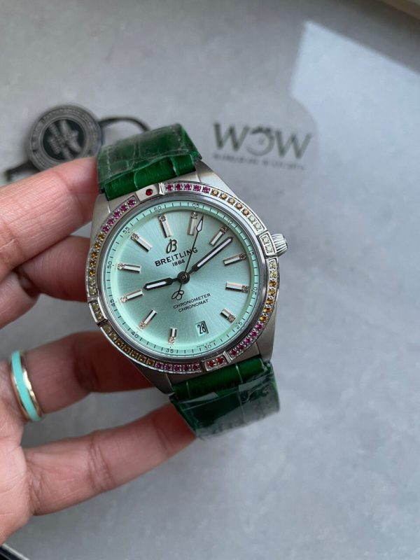 Replica Breitling Chronomat 36mm u77310591u1 Green Leather strap Light Green dial GF Factory