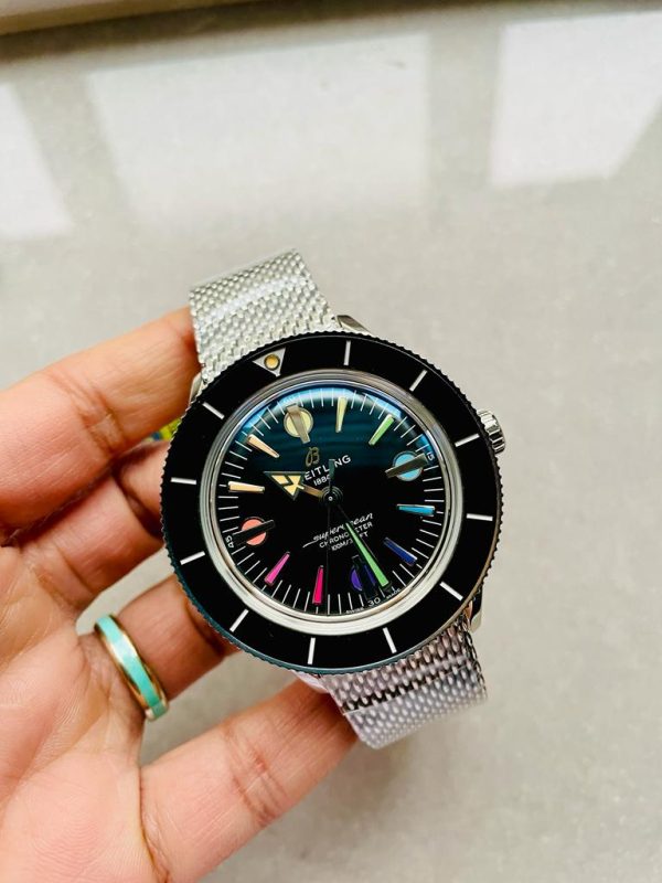 Replica Breitling SuperOcean Heritage 57 SS/Black Ceramic Bezel GF 1:1 Black Dial Colors Markers on SS Mesh Bracelet A2824 - Image 9