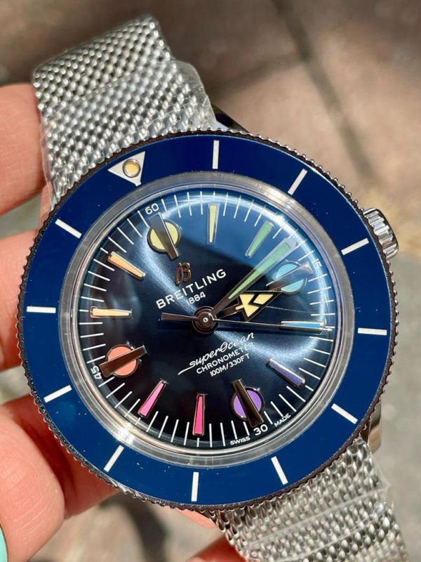 Replica Breitling SuperOcean Heritage 57 SS/Black Ceramic Bezel GF 1:1 Blue Dial Colors Markers on SS Mesh Bracelet A2824 - Image 4