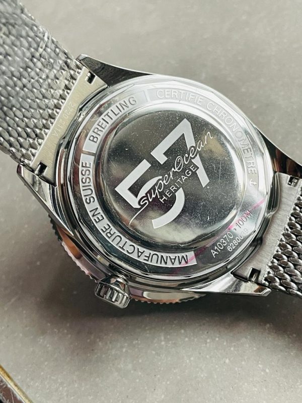Replica Breitling SuperOcean Heritage 57 SS/Black Ceramic Bezel GF 1:1 Black Dial Colors Markers on SS Mesh Bracelet A2824 - Image 11