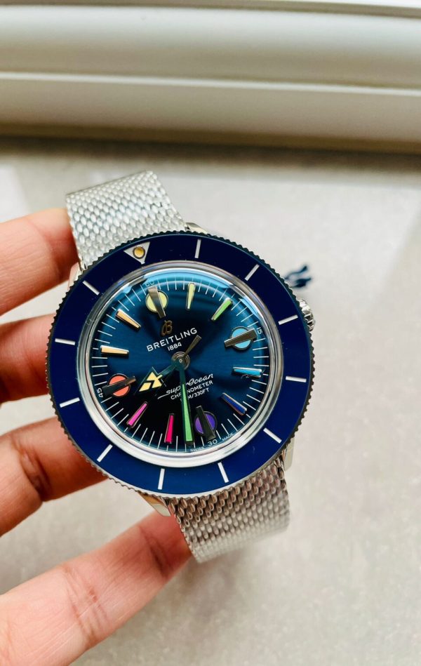 Replica Breitling SuperOcean Heritage 57 SS/Black Ceramic Bezel GF 1:1 Blue Dial Colors Markers on SS Mesh Bracelet A2824