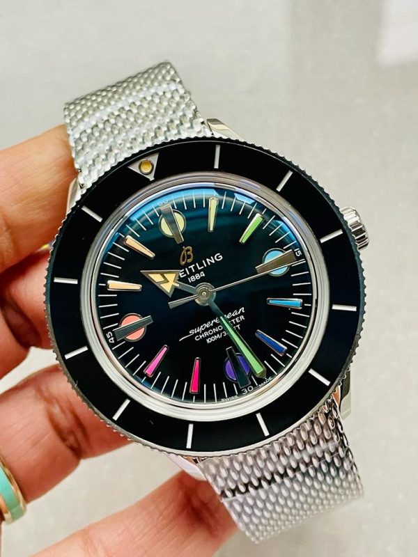 Replica Breitling SuperOcean Heritage 57 SS/Black Ceramic Bezel GF 1:1 Black Dial Colors Markers on SS Mesh Bracelet A2824 - Image 6