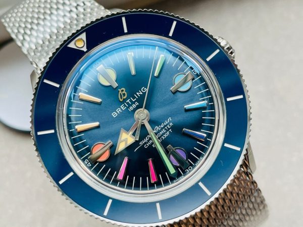 Replica Breitling SuperOcean Heritage 57 SS/Black Ceramic Bezel GF 1:1 Blue Dial Colors Markers on SS Mesh Bracelet A2824 - Image 2