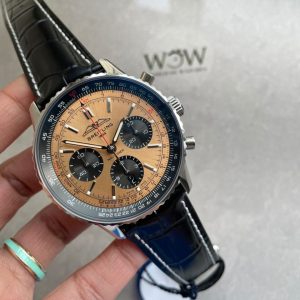 Replica Breitling Navitimer 01 1:1 SS salmon Dial on Brown leather Strap A7750 BLS Factory