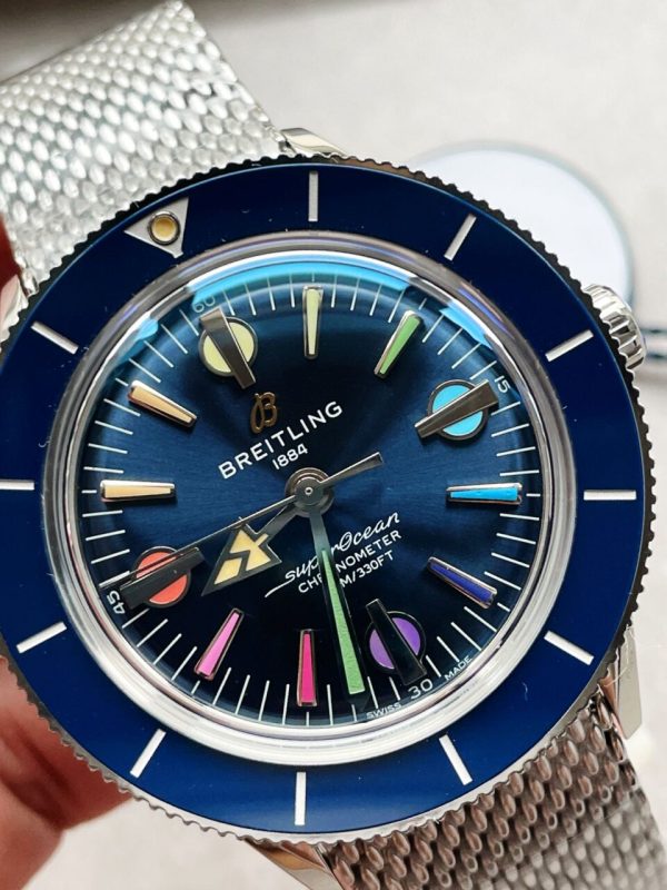 Replica Breitling SuperOcean Heritage 57 SS/Black Ceramic Bezel GF 1:1 Blue Dial Colors Markers on SS Mesh Bracelet A2824 - Image 13