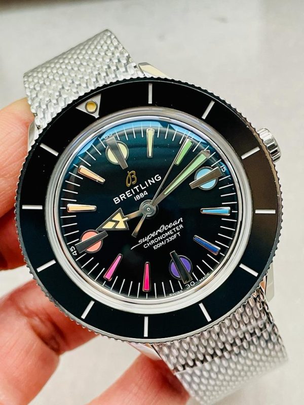 Replica Breitling SuperOcean Heritage 57 SS/Black Ceramic Bezel GF 1:1 Black Dial Colors Markers on SS Mesh Bracelet A2824 - Image 7