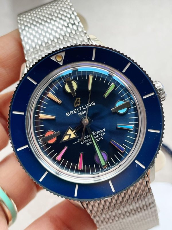Replica Breitling SuperOcean Heritage 57 SS/Black Ceramic Bezel GF 1:1 Blue Dial Colors Markers on SS Mesh Bracelet A2824 - Image 3